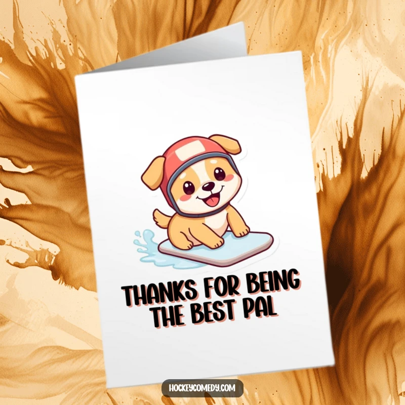 Funny Free Printable Thank You Card: Smiling dog wearing a hockey helmet slides across ice, expressing thanks.