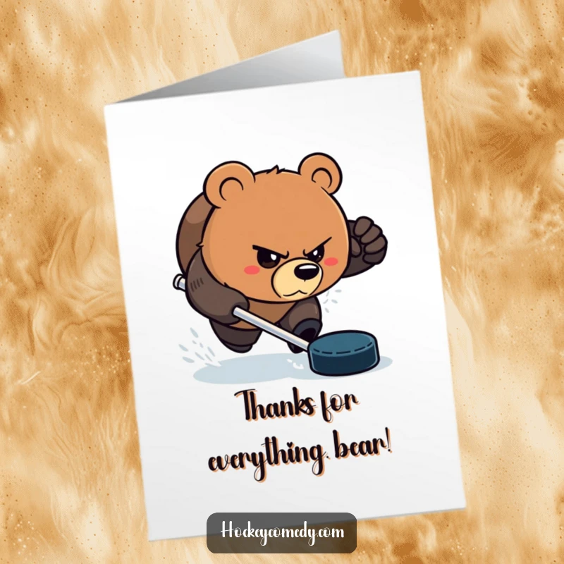 Funny Free Printable Thank You Card: Bear aggressively chasing a puck with a determined, comedic expression, conveying strong thanks.