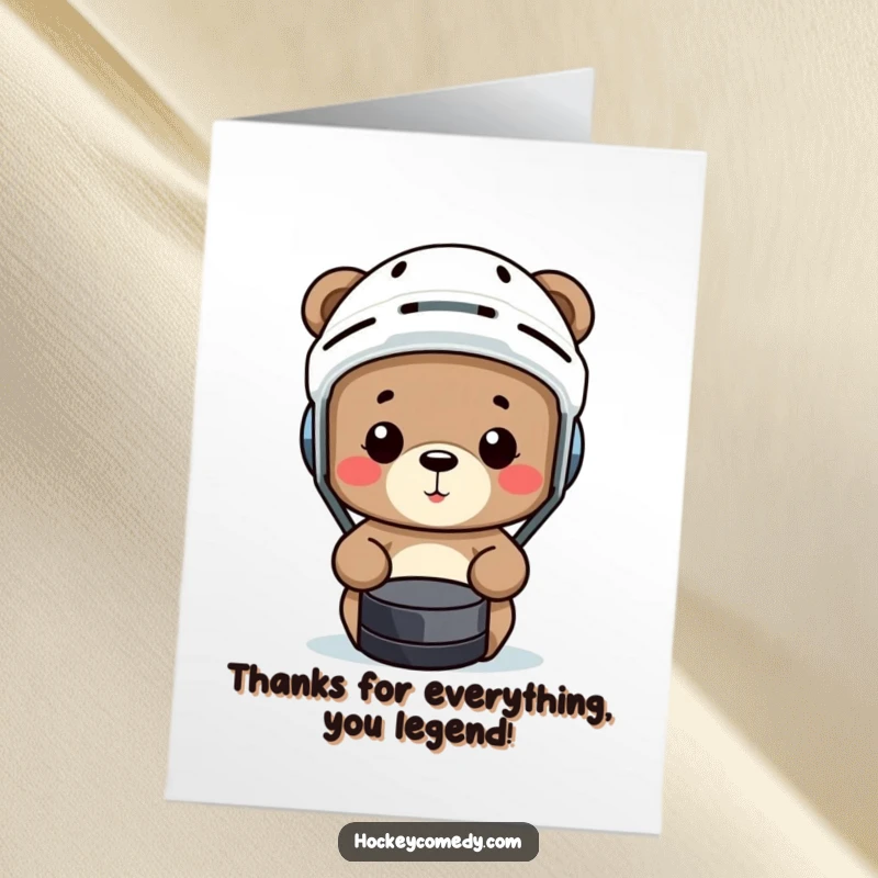 Funny Free Printable Thank You Card: A bear wearing a hockey helmet comically misses a puck, expressing thanks with a laugh.