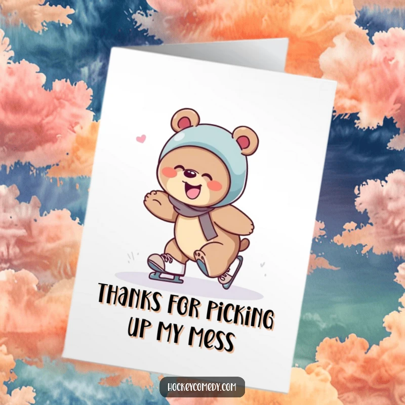 Funny Free Printable thank you card featuring a giggling bear tripping on skates, perfect for a downloadable DIY gift of appreciation.