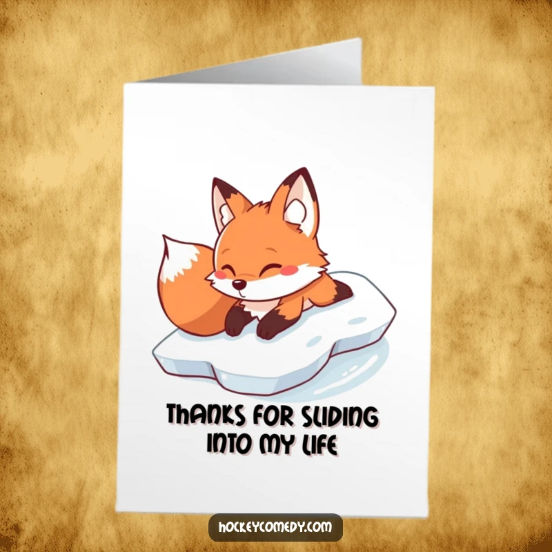 Funny Free Printable Thank You Card: A determined fox slides effortlessly on ice, conveying thanks with a smooth style.
