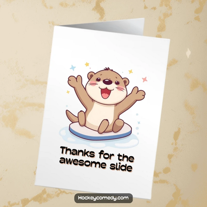 Funny Free Printable Thank You Card: Happy otter character executing a celebratory slide on the ice.