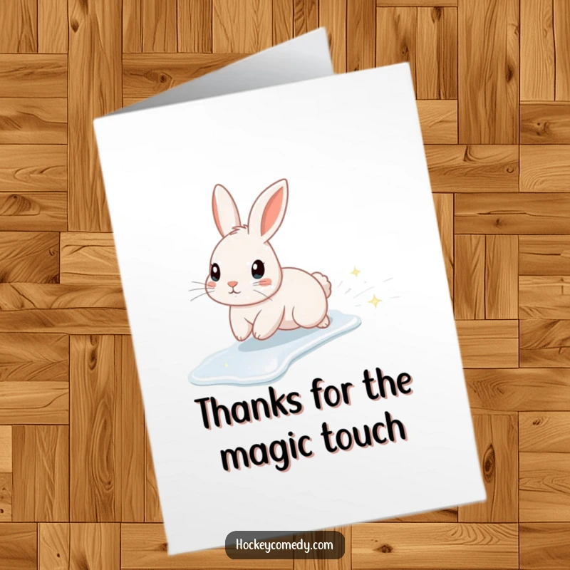Funny Free Printable Thank You Card: Cute rabbit sliding on ice, leaving a delightful trail of sparkling magic.