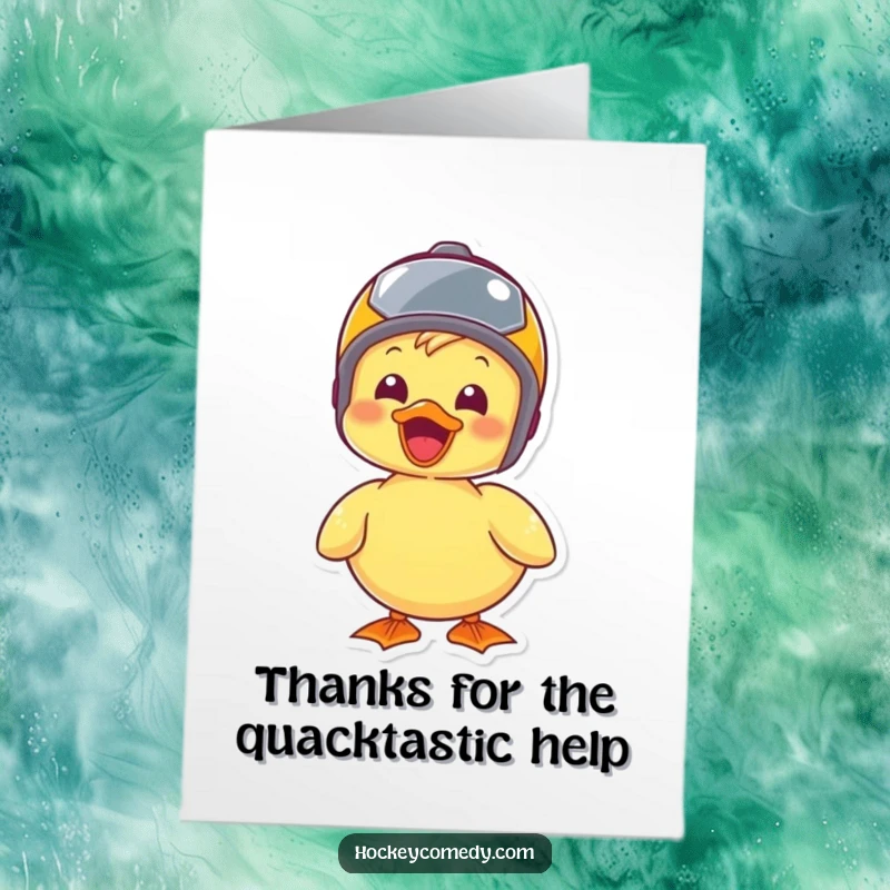Funny Free Printable thank you card featuring a joyous duck wearing a tiny helmet, perfect for a cute downloadable DIY gift.