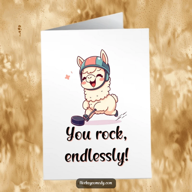 Funny Free Printable Thank You Card: A giggling llama in a helmet, chasing a puck, sending thanks with pure joy.