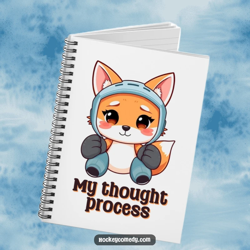 Funny notebook with a smiling fox in oversized hockey pads, looking confused, perfect for journaling and note-taking.