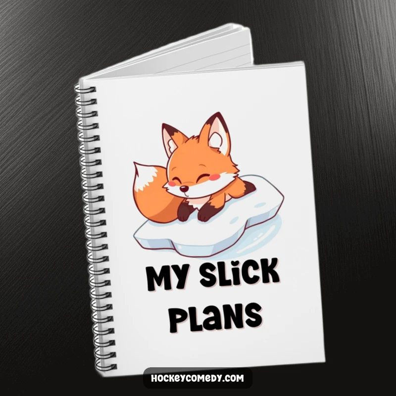 Funny determined fox sliding on its belly across ice on the cover of a humorous notebook.