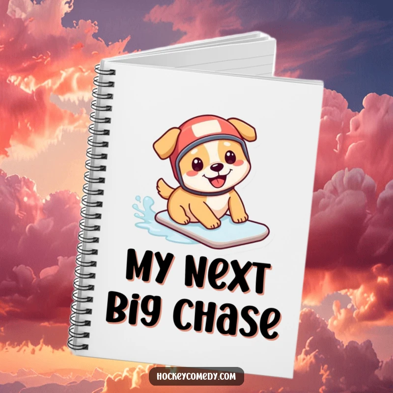 Funny notebook: A playful dog wearing a small hockey helmet slides on ice, ready to jot down funny ideas.