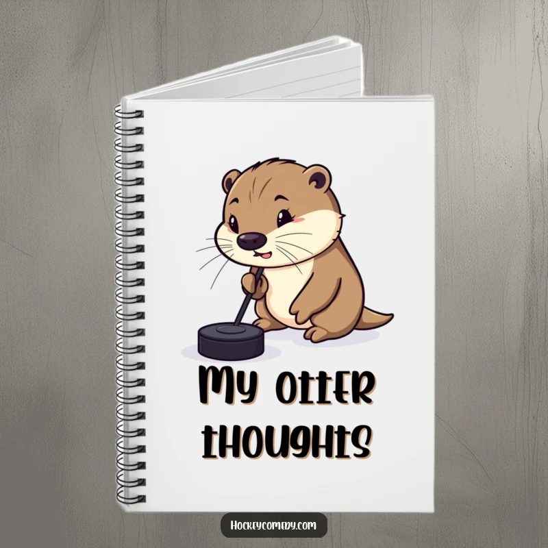 Funny Notebook cover with a silly otter comically dribbling a hockey puck with its nose, designed to inspire and amuse.