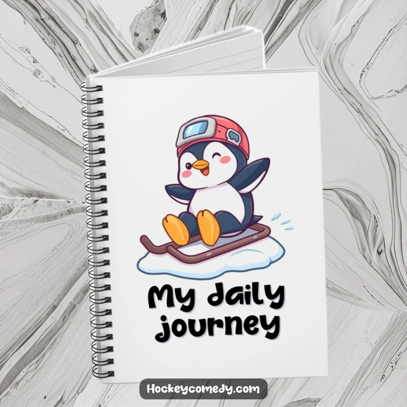 Funny notebook with a playful penguin sliding across ice on a hockey helmet, perfect for journaling and notes.