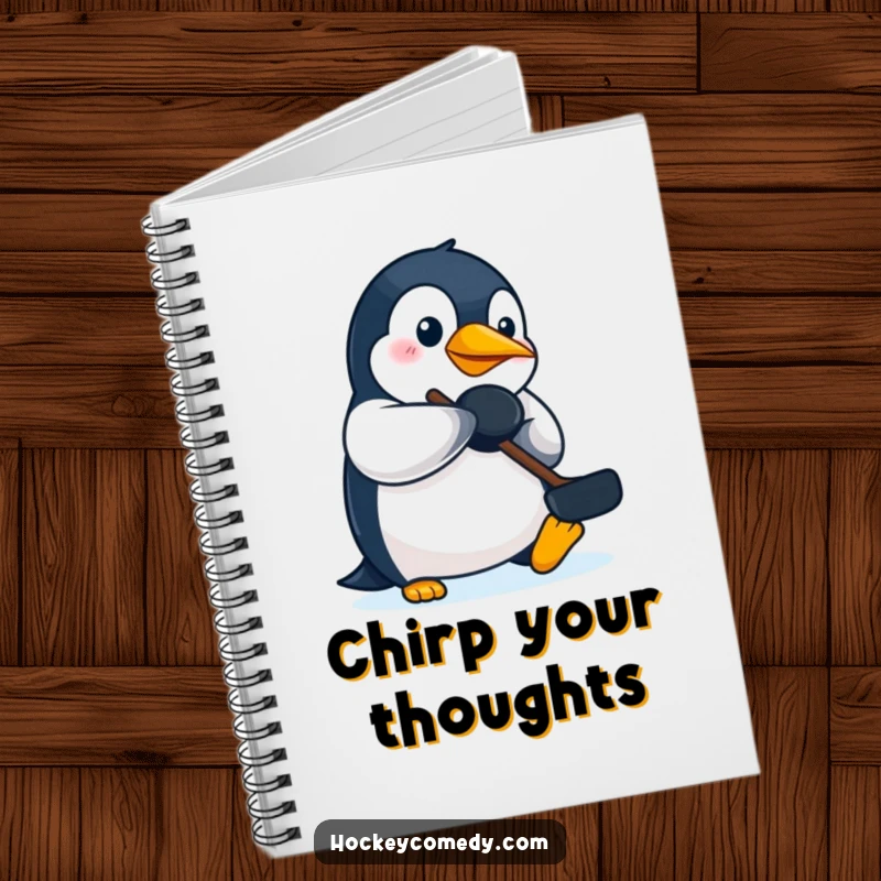 Funny penguin hockey notebook, showing a determined penguin using its beak to play hockey, perfect for notes.