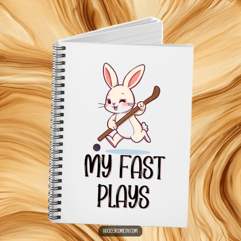 Funny notebook with a rabbit hopping with a hockey stick, perfect for jotting down game strategies and sports ideas.