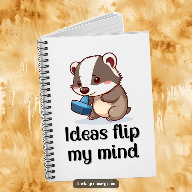Funny badger notebook, a playful badger attempting a puck flip with its nose, perfect for journaling, humorous stationery gift.