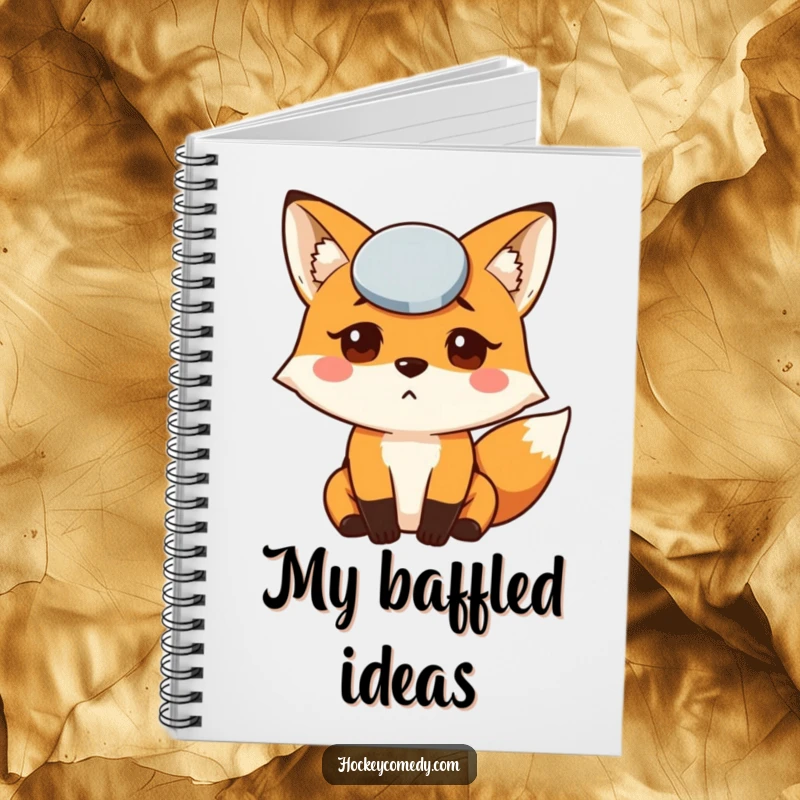Funny Fox Puck Notebook with a confused fox with a puck on its forehead, perfect for jotting down thoughts and hockey notes.