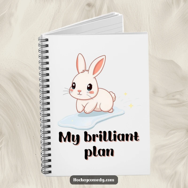 Funny notebook adorned with a cute rabbit character ice skating and leaving a trail of sparkles, ideal for note-taking.