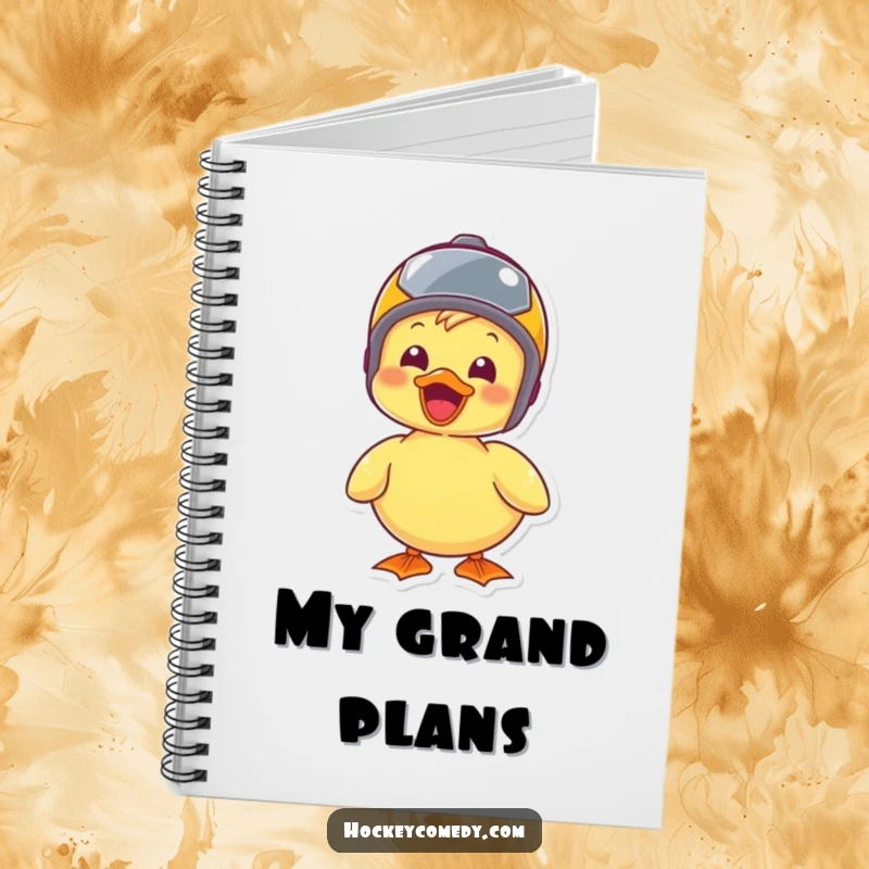 Funny duck wearing a small helmet, ready for adventure, on the cover of a cheerful and humorous notebook.