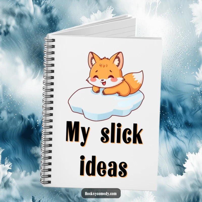 Funny notebook with a fox happily sliding on its belly across ice, ideal for journaling winter thoughts and happy moments.