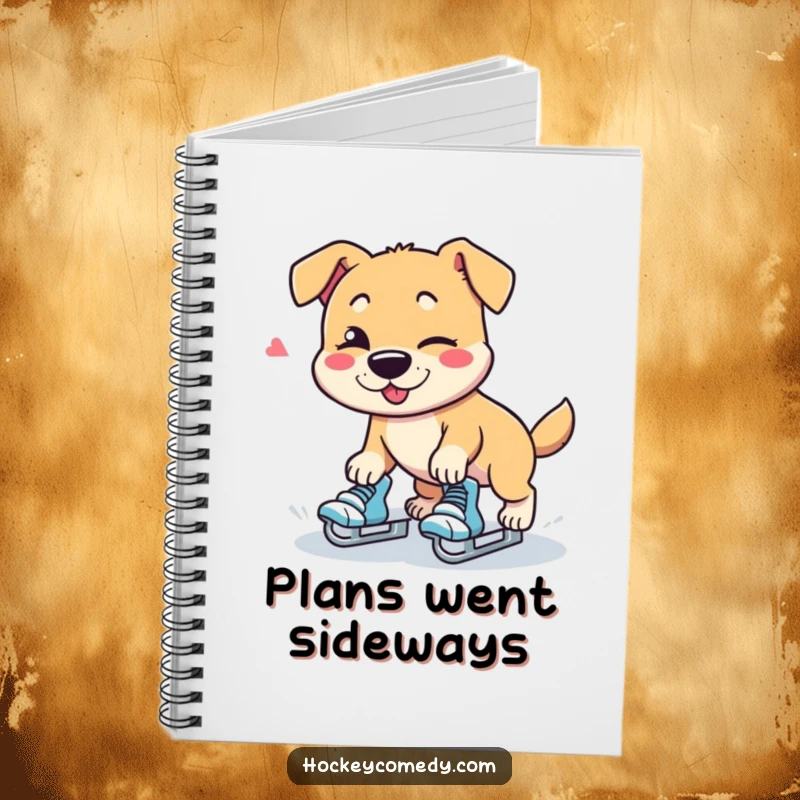Funny dog character tripping on roller skates with a wink, ruled notebook.