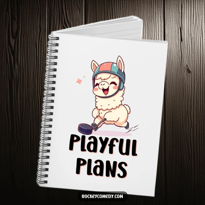 Funny llama notebook, giggling, wearing a helmet, joyfully chasing a hockey puck, great for jotting down ideas with humor.