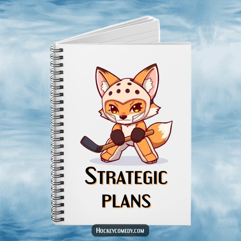 Funny fox notebook featuring a determined fox goalie in mask swatting a puck, ideal for jotting down strategies or notes.