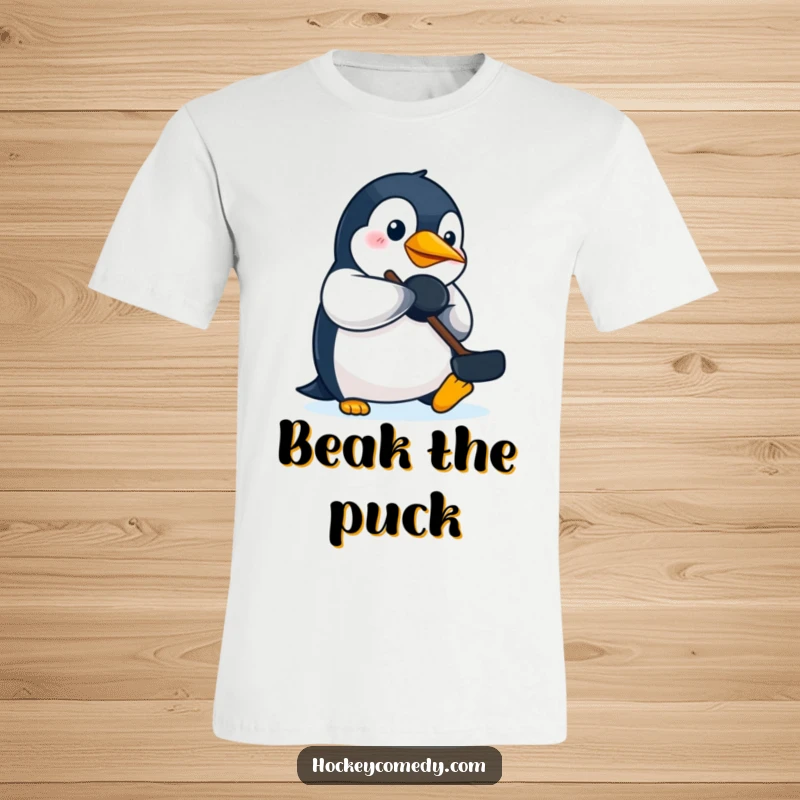 Funny determined penguin t-shirt, using its beak to control a hockey puck, demonstrating unique gameplay humorously.