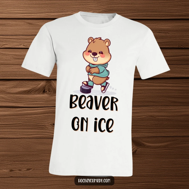 Funny T-Shirt depicting a cheerful beaver gracefully skating backwards while skillfully handling a hockey puck, exuding fun and determination.