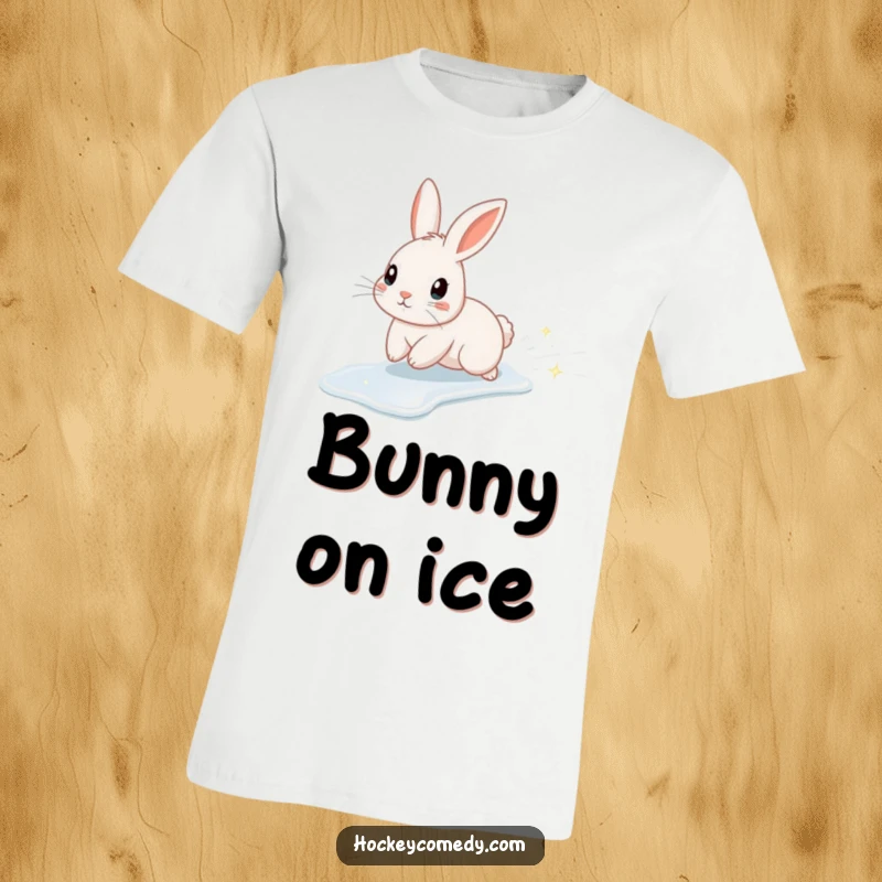 Funny t-shirt depicting a cute rabbit character ice skating with elegant flair, leaving a magical trail of sparkles behind.