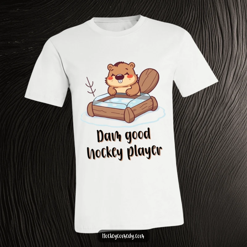 Funny beaver t-shirt, a happy beaver constructing a small hockey rink from logs, conveying industriousness and humor, ideal gift.