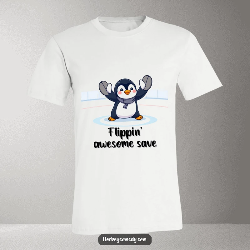 Funny penguin goalie t-shirt depicting an exaggerated, dramatic save with flippers flying, capturing intense hockey action with a humorous twist.