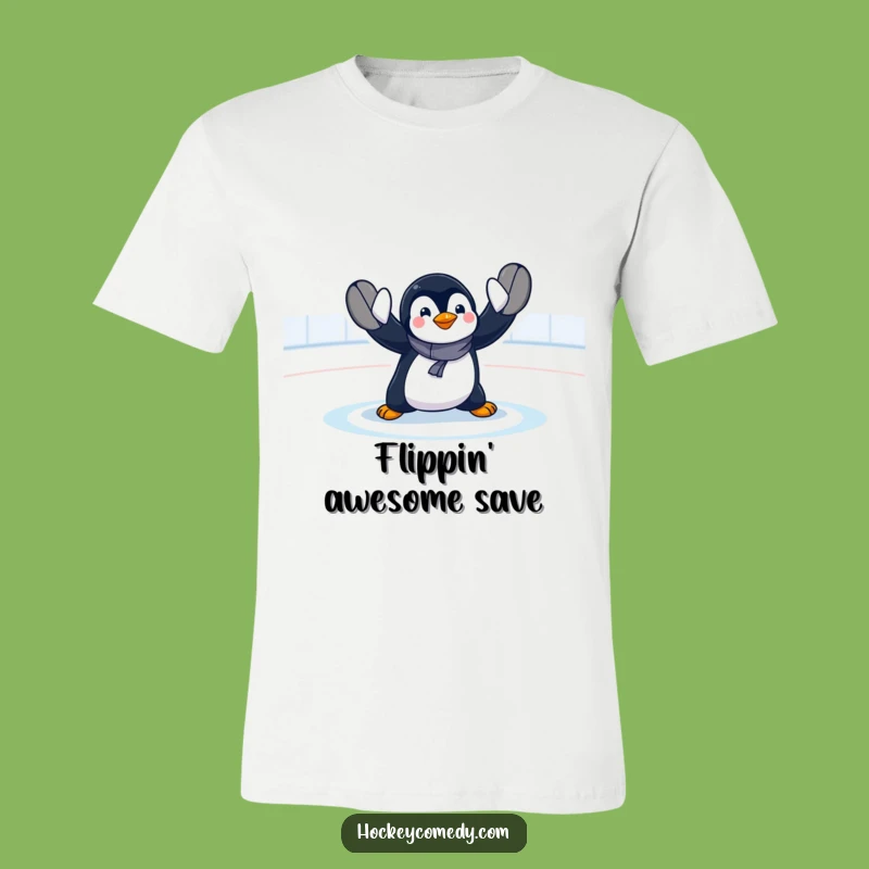 Funny Penguin Ice Hockey Goalie T-Shirt: Exaggerated Save Action, Hilarious Fan Gift