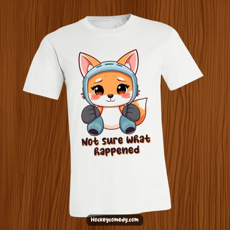 Funny T-shirt with a smiling fox dressed in enormous hockey pads, looking utterly confused and out of place.