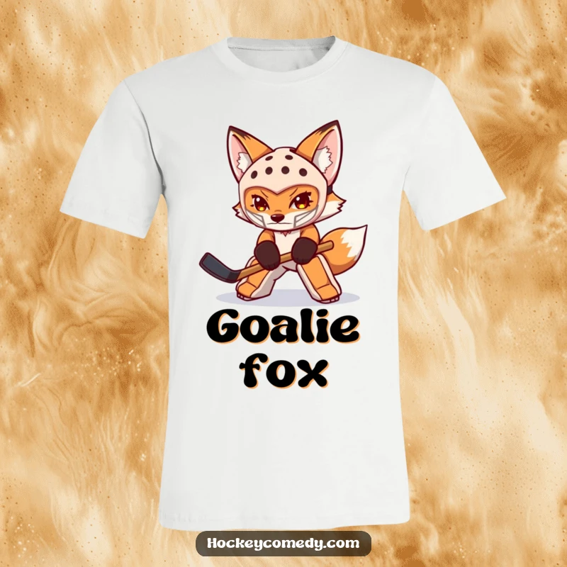 Funny fox t-shirt showing a determined fox in a goalie mask, actively defending its goal against a hockey puck.