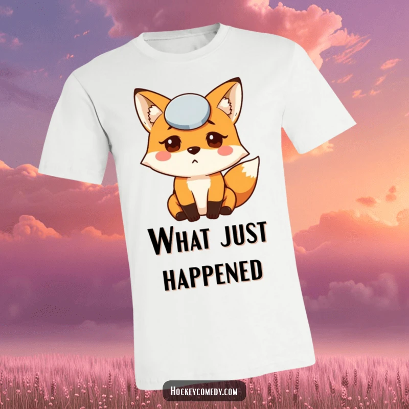 Funny Fox Puck T-Shirt showing a bewildered fox with a hockey puck humorously stuck to its forehead, great for fans.