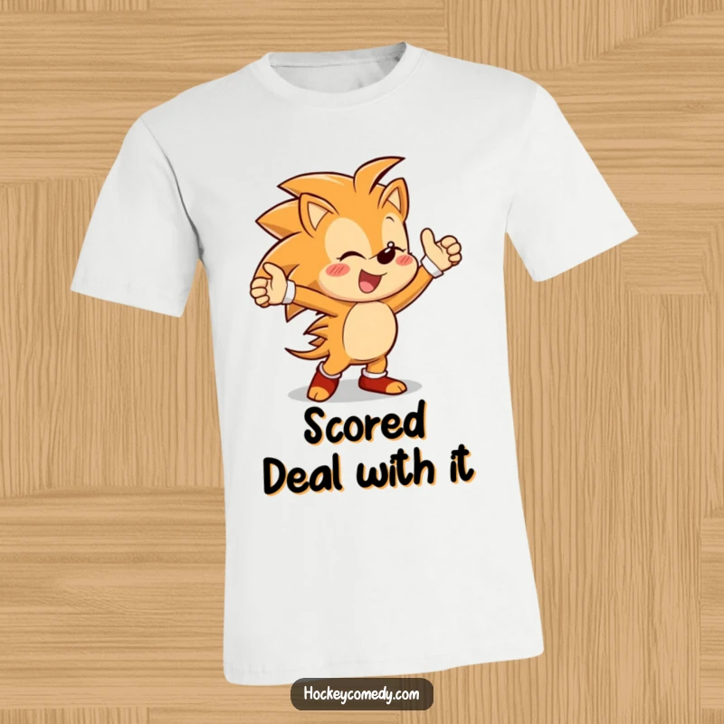 Funny t-shirt with a cheerful hedgehog character doing a lively victory dance, celebrating a successful score with pure delight.
