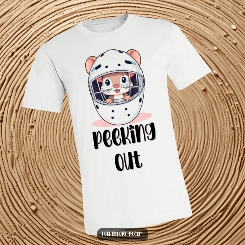A curious mouse peeking out from a goalie mask, creating a funny and stealthy look on this t-shirt.