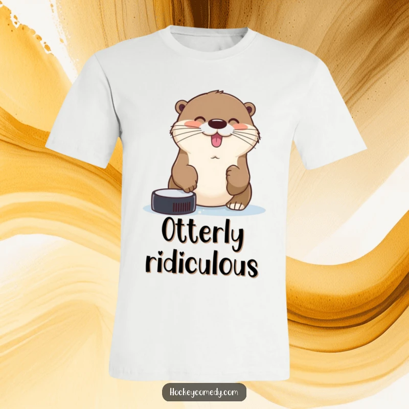 Funny cheerful otter trying to catch a hockey puck with its nose on this humorous sports t-shirt.