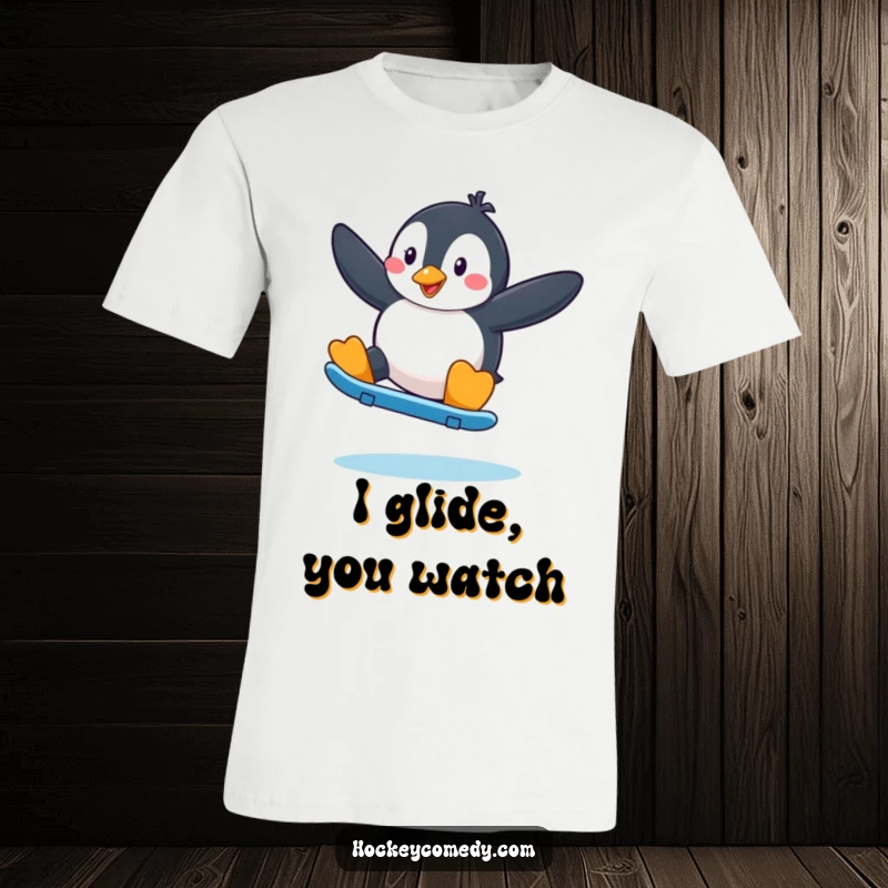 Funny Penguin Skater T-Shirt: A penguin mid-skate, arms wide, performing a fancy move with flair.