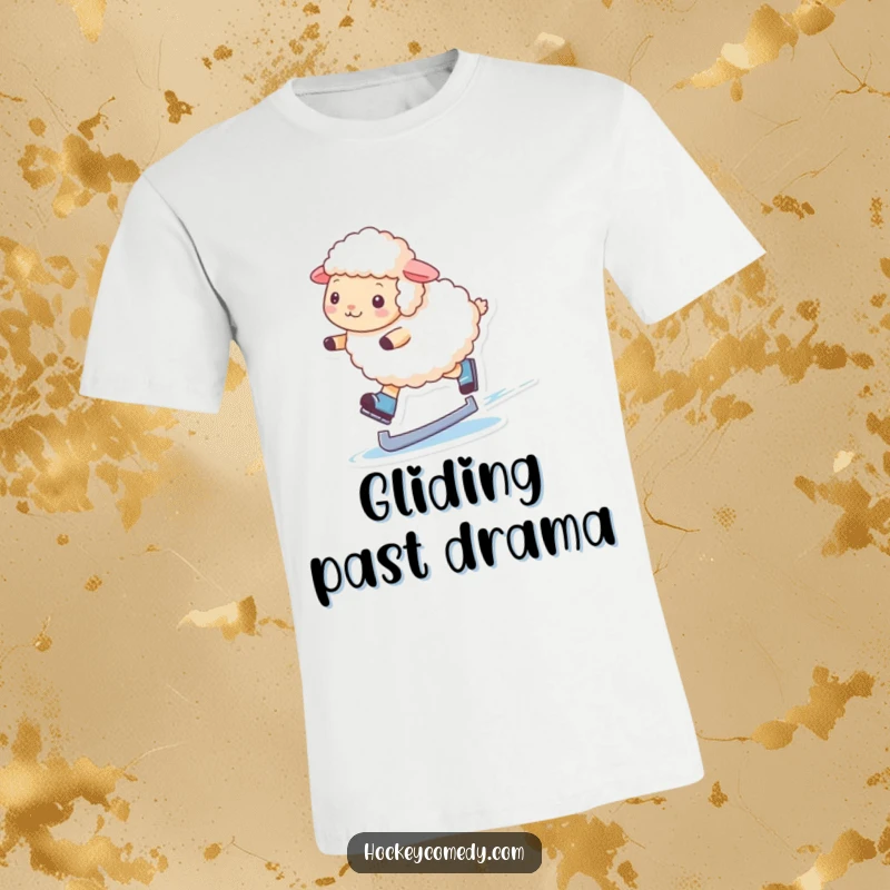 Funny t-shirt with a fluffy sheep confidently ice skating, capturing a moment of surprising grace and charm.