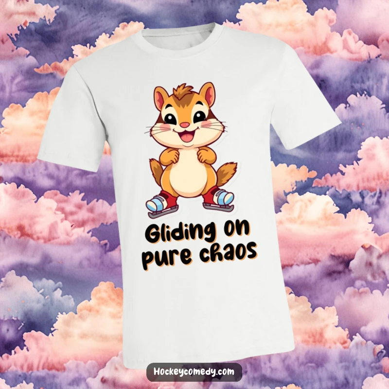 Funny chipmunk t-shirt, a cheerful chipmunk in oversized skates, wobbling gleefully, capturing the fun of learning, ideal gift.