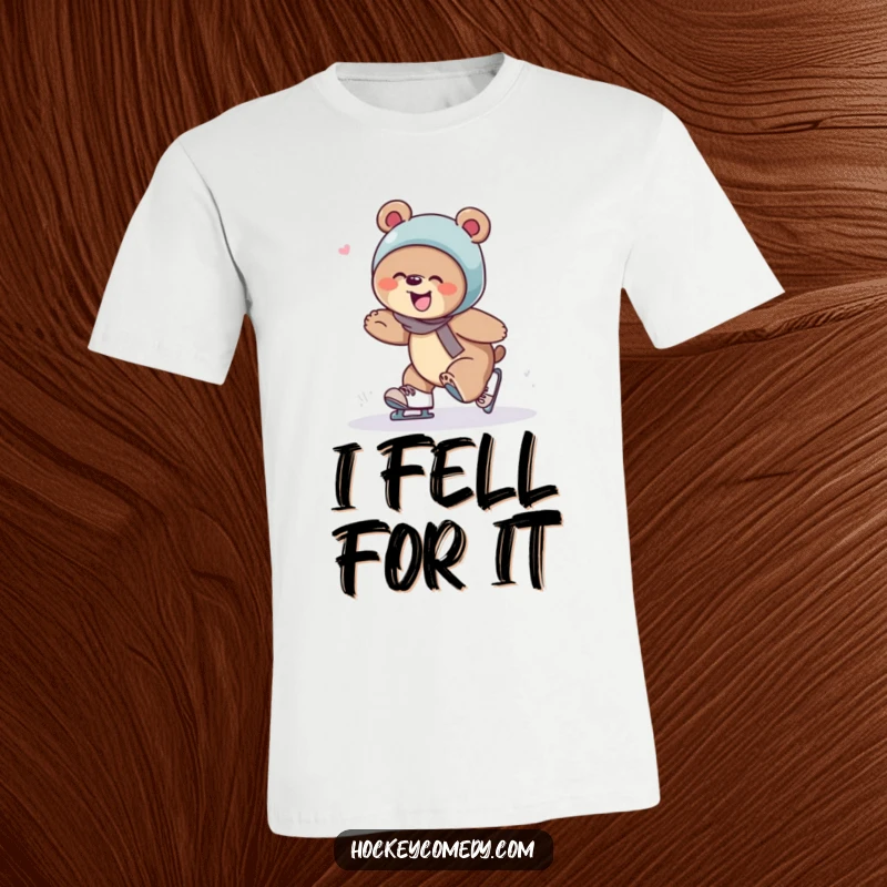 A giggling bear caught mid-fall, tripping over its skates, depicted on a funny and comfortable t-shirt.