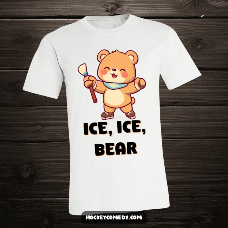 Funny t-shirt with a joyful bear character in a dynamic hockey pose, holding a stick, radiating athletic fun and excitement.