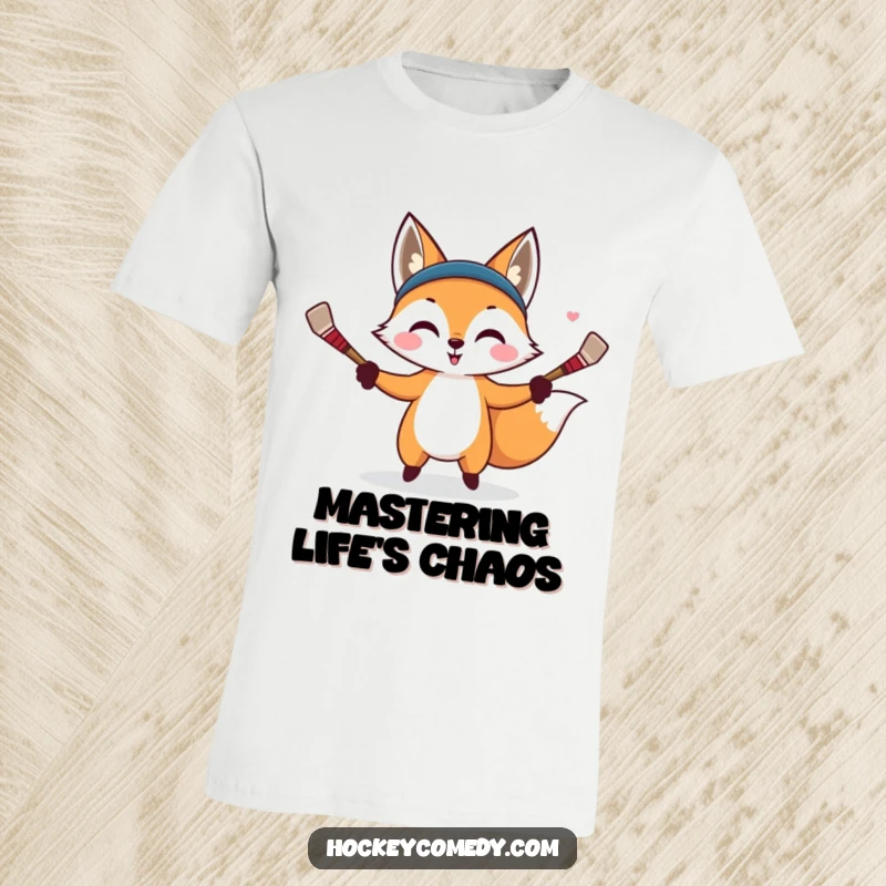 Funny t-shirt depicting a sly fox expertly juggling small hockey sticks, showcasing agility and a mischievous nature.