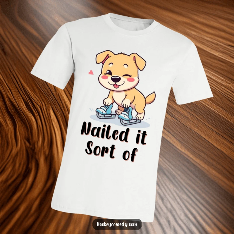 Funny dog character comically tripping over roller skates with a confident wink, T-shirt.