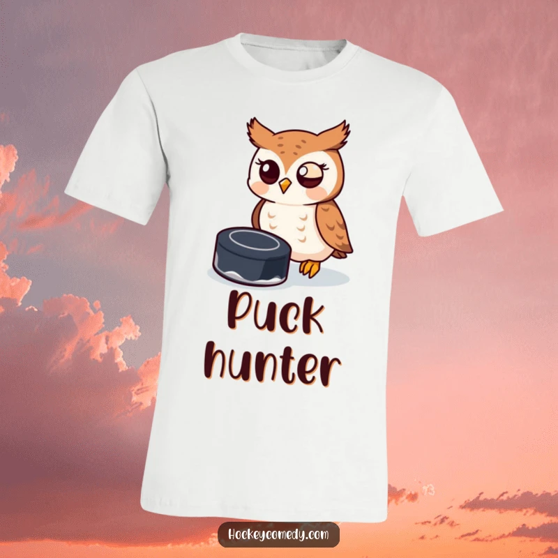 Funny owl acting as goalie, trying to catch a hockey puck with its beak, a humorous sports illustration.