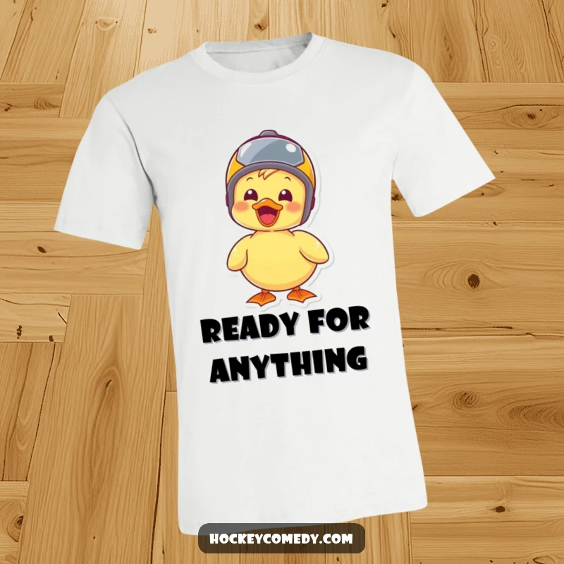 A happy duck wearing a small helmet, exuding joy and readiness for adventure on this funny t-shirt.