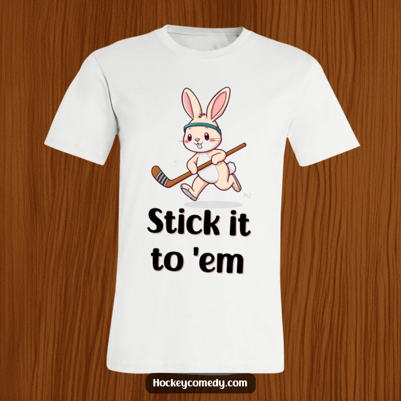 Funny playful rabbit t-shirt, hopping with a hockey stick, capturing the joy and speed of the sport humorously.