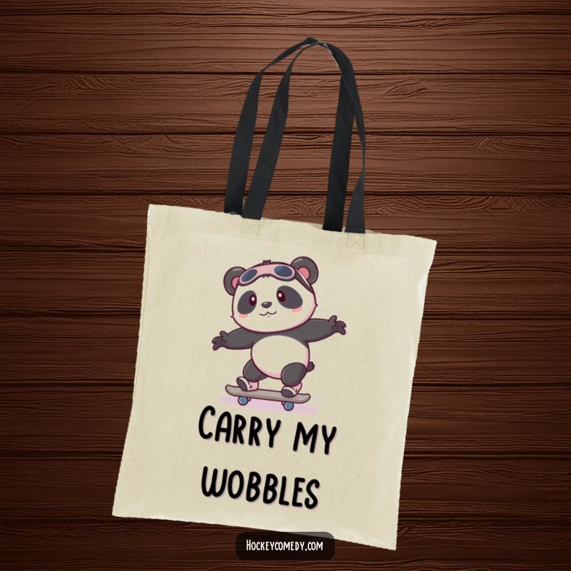 Funny playful panda attempting to skate with wobbly legs on a humorous tote bag.