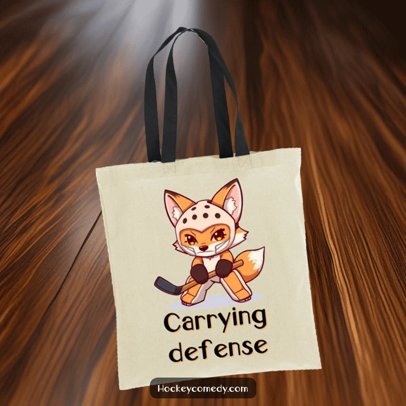 Funny fox tote bag with a determined fox goalie in mask, ready to swat pucks, perfect for carrying items with a sports theme.