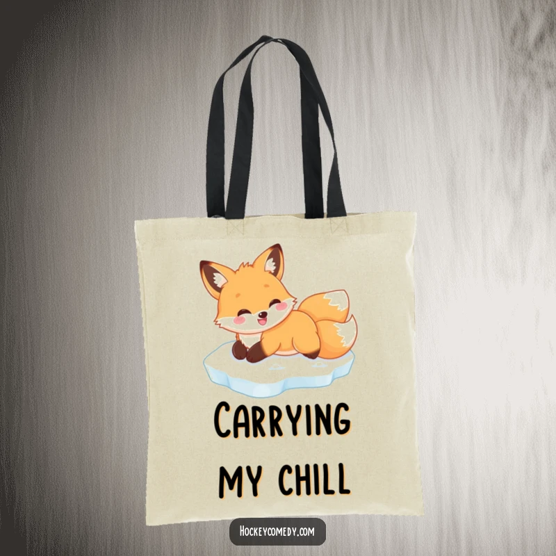Funny fox ice slide tote bag, showing a happy fox gliding smoothly across frozen water, great for daily use.