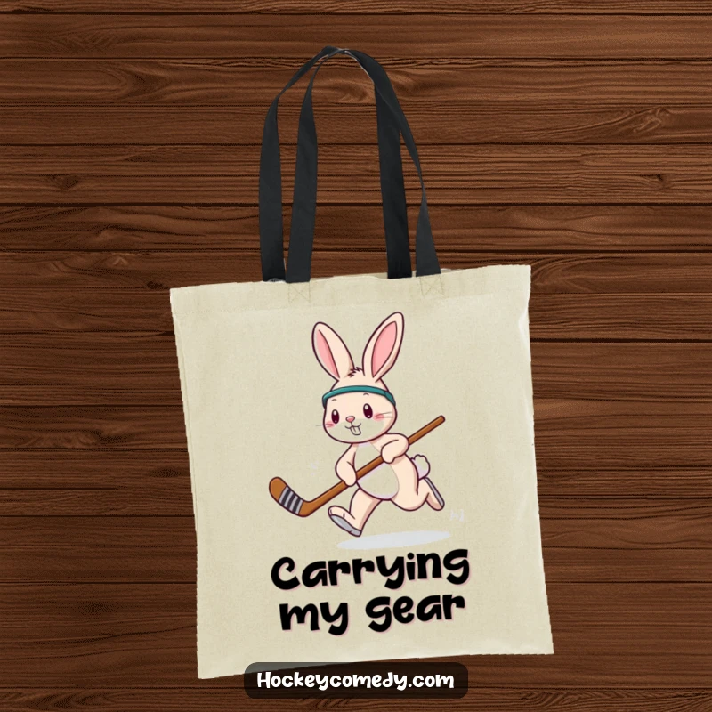 Funny rabbit hockey tote bag, depicting a rabbit hopping with a hockey stick, great for carrying daily items.